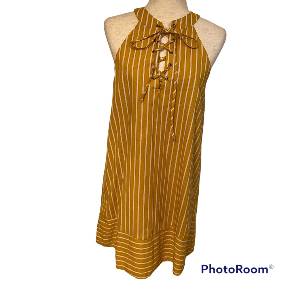 J.O.A. DRESS MINI GOLD WHITE STRIPE YOKE NECK SLEEVELESS CRISS CROSS SIZE S